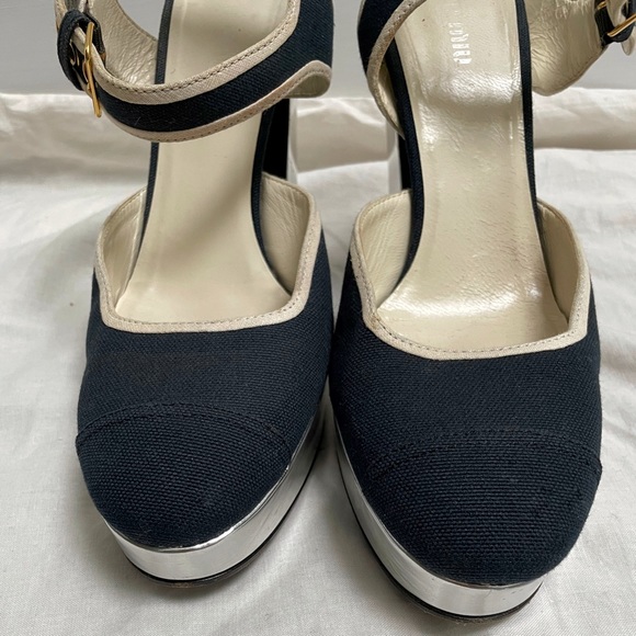 Miu Miu Silver Leather Black Linen Platform High Heels Size 39 - Picture 6 of 8